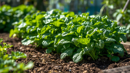 Fresh green onion vegetable plants growing in an organic garden field in the spring
