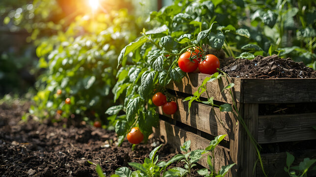 Ripe red apples and fresh tomatoes grow on the bush in the summer garden, offering healthy organic fruit