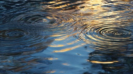 Ripples form in the water as sunlight reflects on a calm lake surface in the early evening