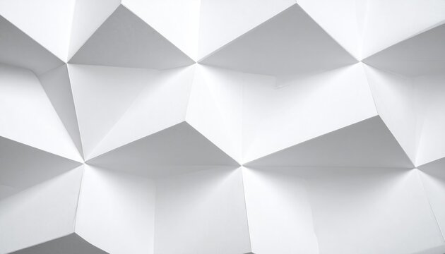 Abstract, minimalist geometric pattern of folded, triangular white planes. Creates a 3D effect with shadows and varying depths