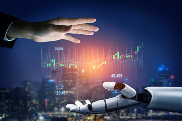 Human hand reaches towards a robotic hand under a colorful city skyline, with stock market data visualized, showcasing a harmonious blend of technology and finance. Scalp