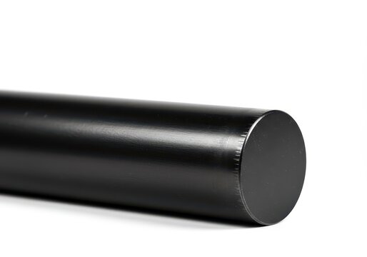 A solid, cylindrical black metal bar isolated against a clean white backdrop, highlighting texture, strength, and stark visual contrast ,black, round, component