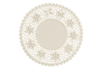 Round white lace doily with floral crochet pattern, traditional fabric craft element on transparent background