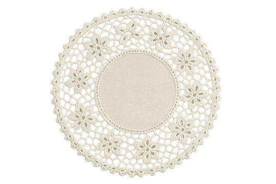 Round white lace doily with floral crochet pattern, traditional fabric craft element on transparent background