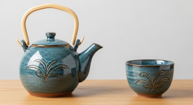 A blue ceramic teapot and cup with a bamboo handle on a wooden table.