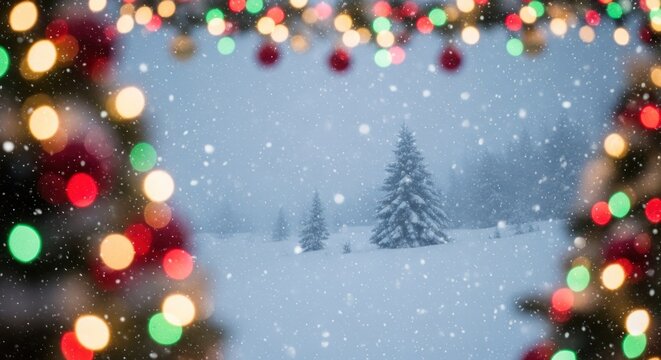 Christmas tree and snowfall in a snowy landscape.
