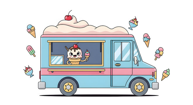 Cute cartoon ice cream truck with a happy character inside.