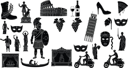 Collection of Italian culture silhouettes featuring Rome monuments, gladiators, gondola, wine, masks, Vespa scooter, food, and historical symbols © Creative Artist