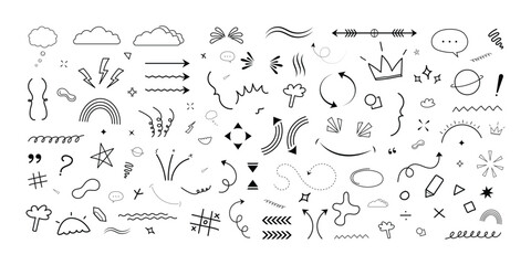 Hand drawn brush sketch design set, doodle elements collection template