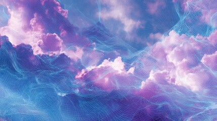Digital landscape creating surreal wireframe sky with pink clouds