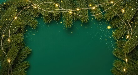 Christmas tree branches with lights on a green background.