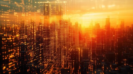 Smart city experiencing digital data network connection at sunset