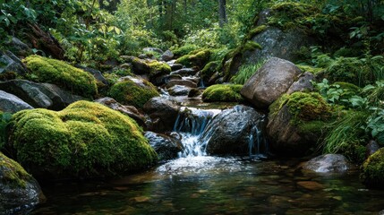 Tranquil stream flowing through lush greenery in a forest setting during a sunny day