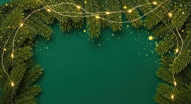 Christmas tree branches with lights on a green background.