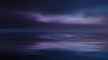 A serene night scene over calm water reflects twilight sky colors blending deep blue indigo violet hues with soft expans