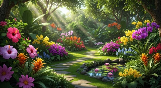 A vibrant garden scene with a path leading through colorful flowers and a pond.