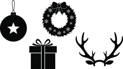 Christmas wreath ornament gift box and reindeer antlers in festive black and white silhouette style perfect for holiday decoration celebration and seasonal design © Creative Artist