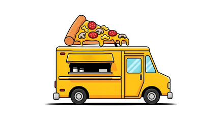 Yellow food truck with a giant slice of pizza on top.