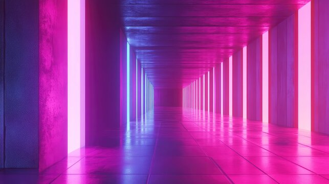 Futuristic neon corridor with vibrant pink and blue light