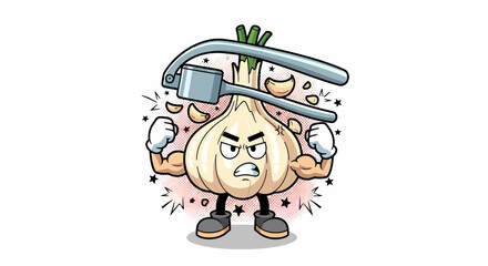 Muscular Garlic Cartoon Character with Garlic Press.