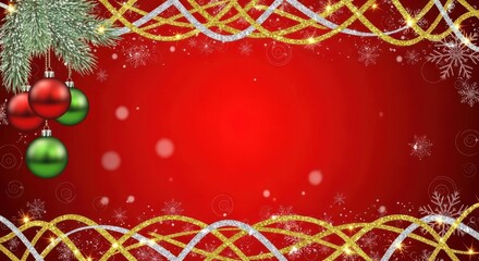 A festive red and gold Christmas background with snowflakes and ornaments.