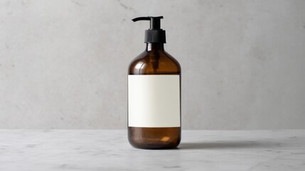 A brown glass bottle with a white label and black pump dispenser stands on a light green marble table against a grey con