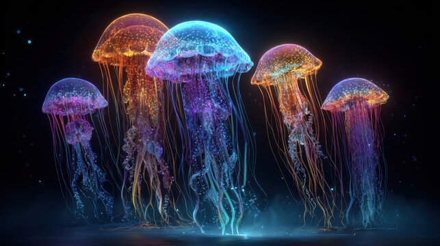 Colorful jellyfish gracefully floating in dark waters, creating a magical underwater scene