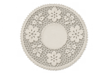 Hand making vintage style crochet doily with intricate floral lace pattern, transparent background, antique textile craft