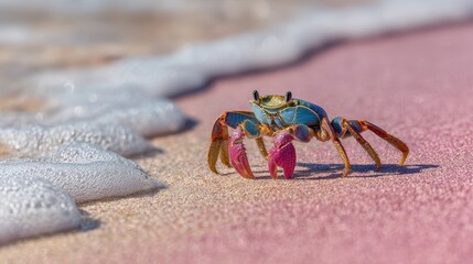 Colorful crab walking along the shore at sunrise on a sandy beach