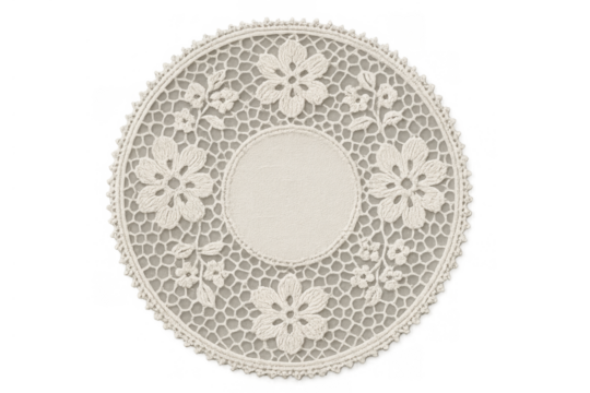 Hand making vintage style crochet doily with intricate floral lace pattern, transparent background, antique textile craft