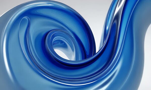 Abstract flowing liquid wave of deep blue translucent material with smooth curves and highlights against a clean white background representing fluidity and elegance