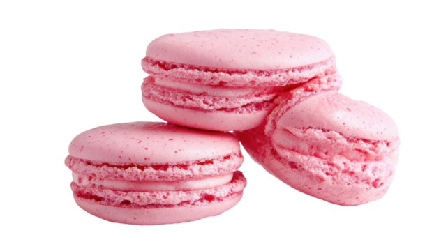 Colorful french macaroons isolated on a white background, displaying a delicious assortment of pink, green, and chocolate sweet desserts