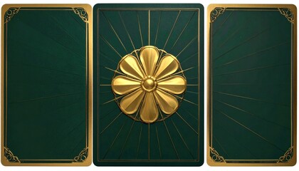 Card back design, three panels feature green surfaces with gold lines and details, a central flower element