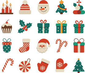 Christmas, holiday, festive, icons, winter, Santa, snowman, tree, gift, stocking, mitten, candy, holly, ornament, cupcake, candle, illustration, vector, design, celebration