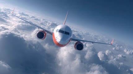 Airplane flying above clouds during bright daylight showcasing a clear blue sky and stunning aerial views