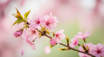 Cherry blossom branch with pink flowers in soft focus background