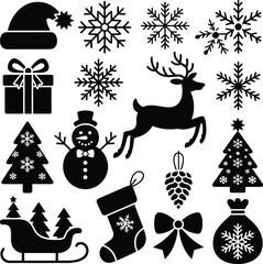 christmas, holiday, festive, silhouette, illustration, vector, design, decoration, ornament, santa, snowflake, tree, reindeer, snowman, sleigh, stocking, gift, pinecone, bow, sack, style