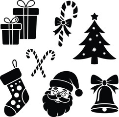 christmas, holiday, festive, silhouette, illustration, vector, design, decoration, ornament, santa, tree, stocking, candy, gift, bell, celebration, icon, graphic, style, winter, season