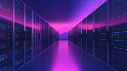Cyber physical data center hall with purple light