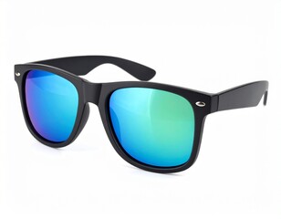Black rimmed sunglasses with bright colored lenses, horizontal shot and isolated 
