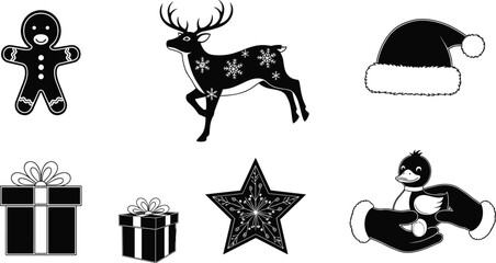 christmas, holiday, festive, illustration, vector, design, decoration, ornament, gingerbread, reindeer, santa, hat, gift, box, penguin, stocking, candy, cane, winter, celebration, season