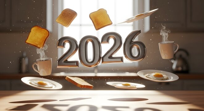New year 2026 balloons breakfast celebration with floating toast and eggs - Powered by Adobe