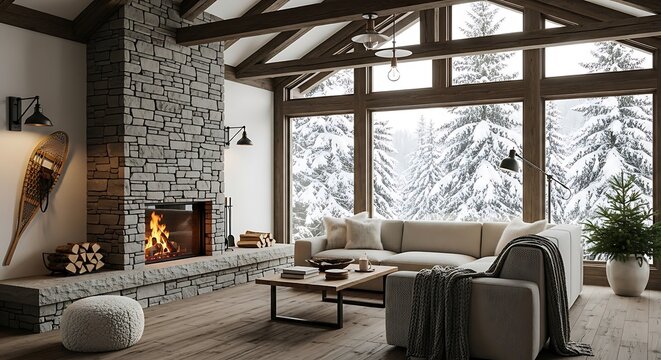 Cozy living room with fireplace and winter view from the large windows - Powered by Adobe