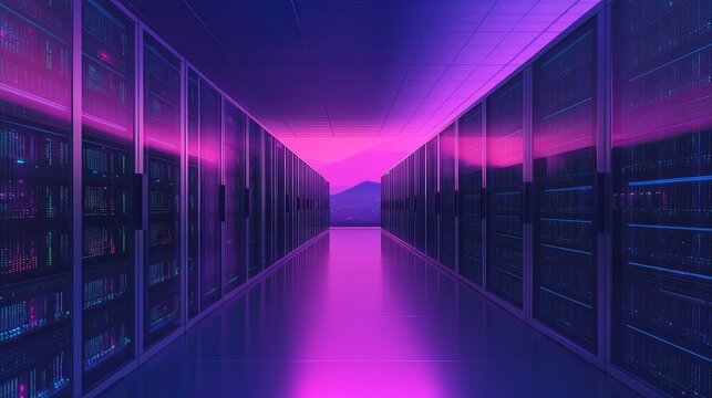 Cyber physical data center hall with purple light