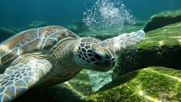 A beautiful green sea turtle swims gracefully underwater, captured in a stunning high-resolution moment near a rocky seabed