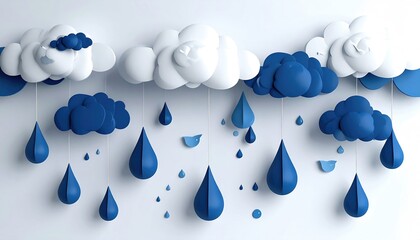 A whimsical, 3D paper art depiction of rain falling from puffy white and blue clouds against a stark white backdrop