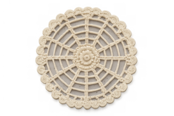 Handmade delicate cream crochet doily with intricate floral pattern, traditional textile craft, isolated on transparent background