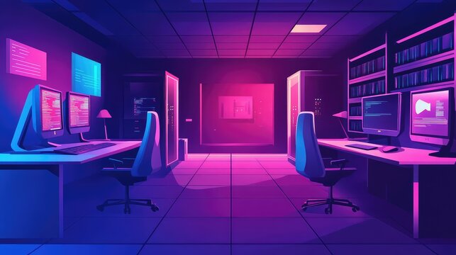 Server room with glowing neon lights and coding screens - Powered by Adobe