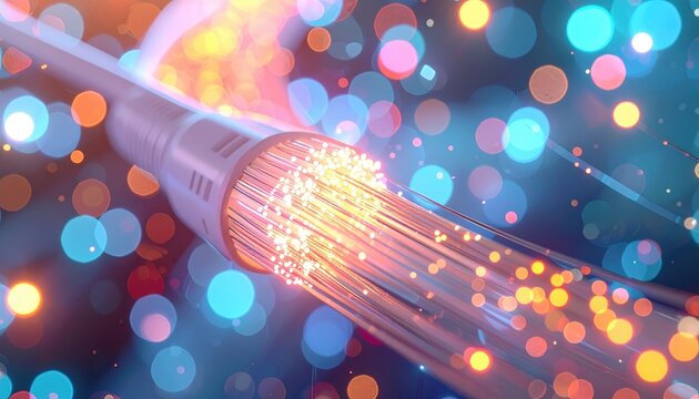 Close-up view of a fiber optic cable with illuminated strands emitting a burst of radiant, colorful light particles