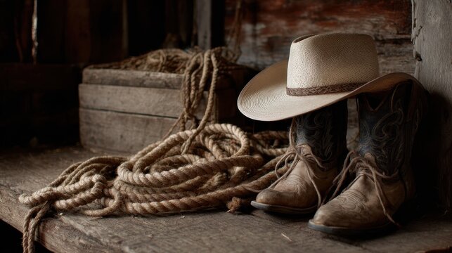 Cowboy boots and hat displayed on rustic shelf with rope in a western setting - Powered by Adobe